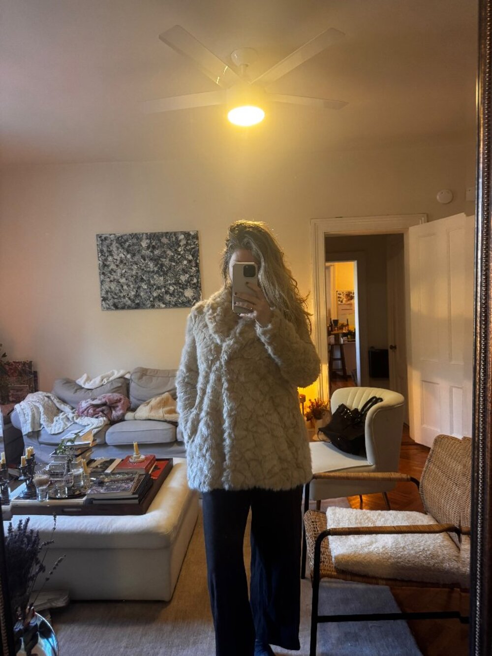Zara Trafaluc Cream Beige Plush Faux Fur Shag Jacket Coat M